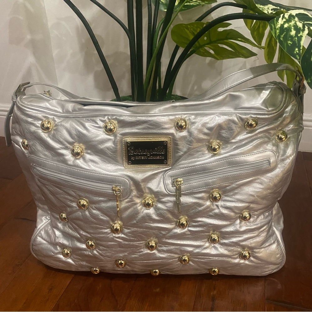Betseyville Betsy Johnson Large Structure Duffle Bag Silver Studded Faux Leather
